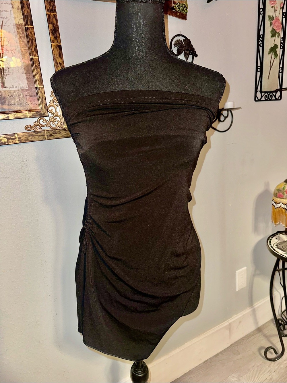 Vintage 90s Y2K A. Byer Black Strapless Ruched Tie Slit Asymmetrical Top, Size L